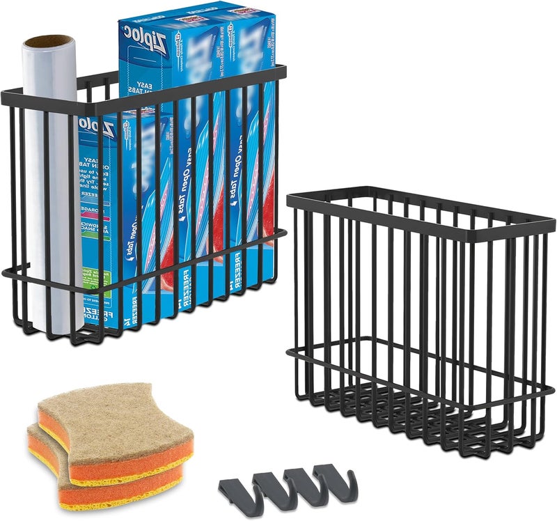 FHJP Wall Organizer Baskets, Lid Organizers Inside Cabinet with 2 Caddy Adhesive, Cabinet Door Organizer with 2 Sponges, 4 Hooks, Cabinet Door Storage for Foil Aluminum Roll, Black, 2 Pack (Small, Medium) - Image 1